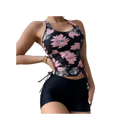 Tankini Swimsuit for Women Halter Neck Swimwear Drawstring Beachwear Floral Printed Bathing Suit