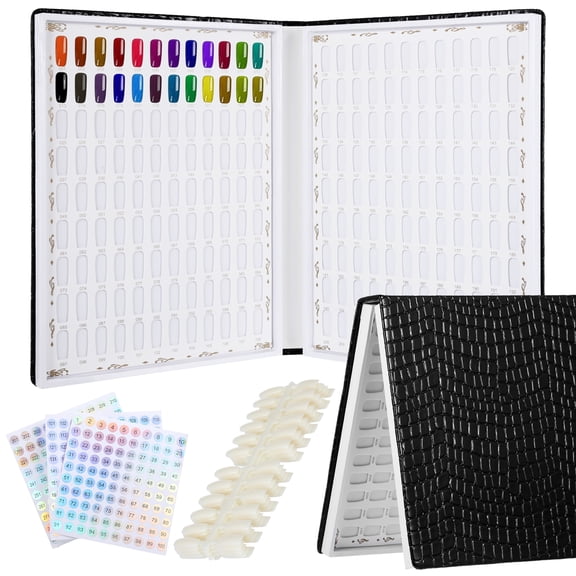216 Nail Colors Display Book, Nail Gel Polish Organizer Book, Waterproof Textured PU Leather Nail Color Chart with 240 False Nail Tips & 1-300 Numbered Stickers for Nail Art Salons, DIY Nail Design