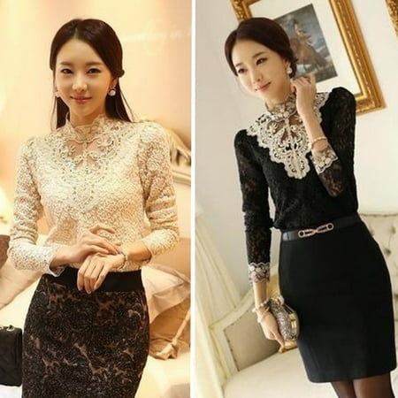 Inlayed Top - ZeAofa Women's Fashion Korean Style Elegant Rhinestone Inlaid Long Sleeve Lace Shirt