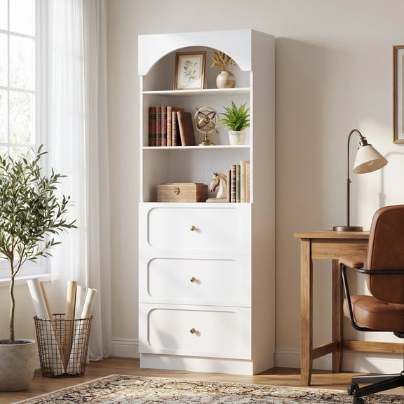 Homieasy 80" Tall Arched Bookcase with 3 Drawers & 3 Open Shelves - Wooden Storage Cabinet for Living Room, Kitchen, Office,White