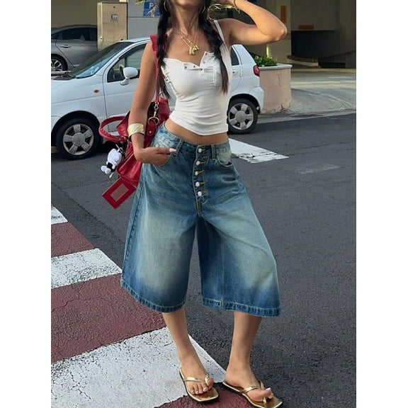 Women's multi-button denim shorts, loose straight leg mid-length trousers