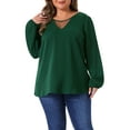 thumbnail image 1 of Blusas de gasa de talla grande para mujer Agnes Orinda, con cuello en V, panel de encaje, de manga larga, camisetas casuales 3X en verde oscuro, 1 of 6