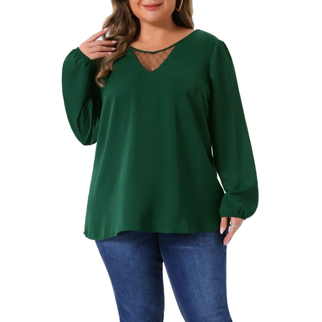 Blusas de gasa de talla grande para mujer Agnes Orinda, con cuello en V, panel de encaje, de manga larga, camisetas casuales 3X en verde oscuro