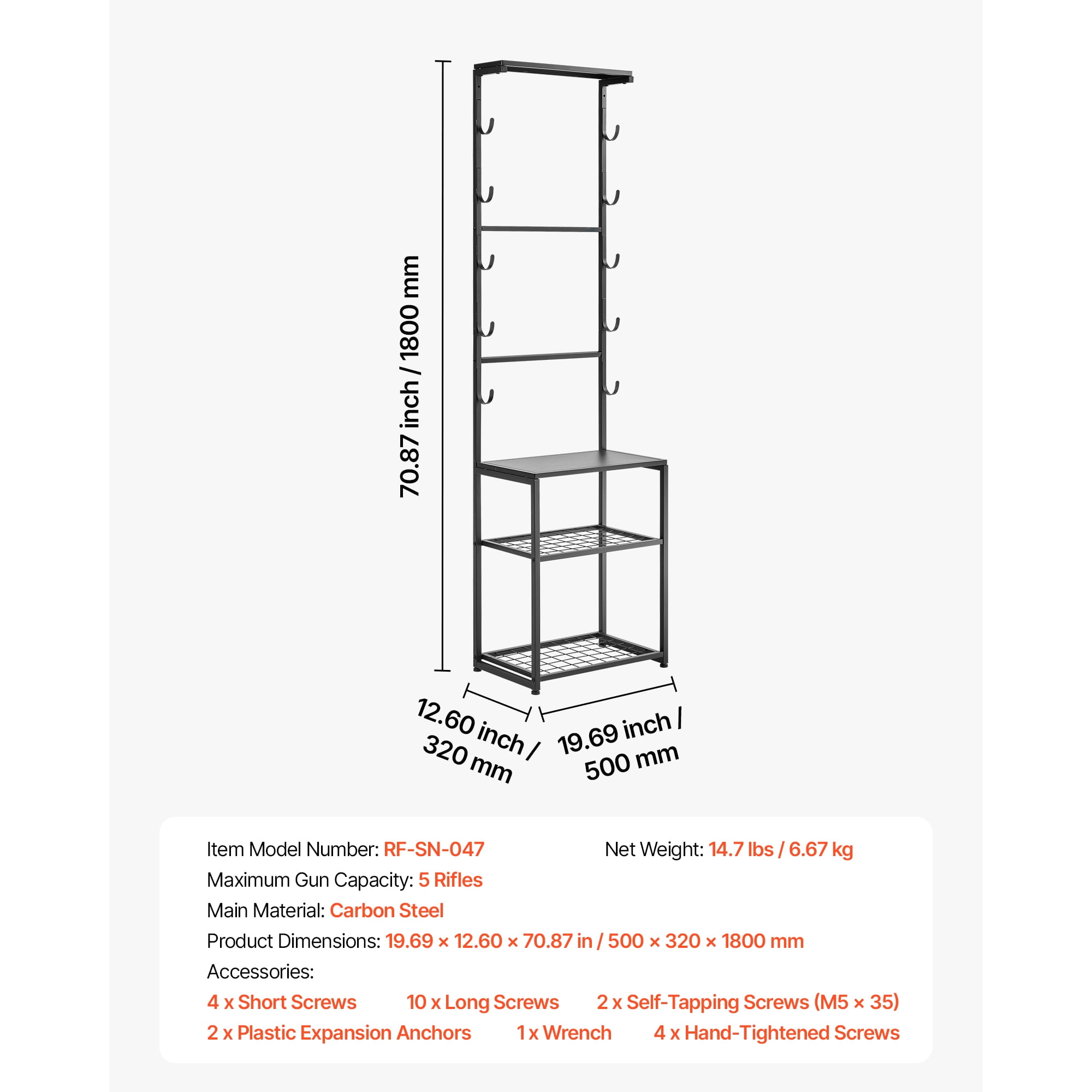 KFFKFF Floor-Standing Gun Rack with Storage Shelf, Indoor Rifle and Shotgun Stand for Wall Display, Holds Up to 5 Firearms, Durable Steel Construction for Home, Garage, and Hunting Gear Storage