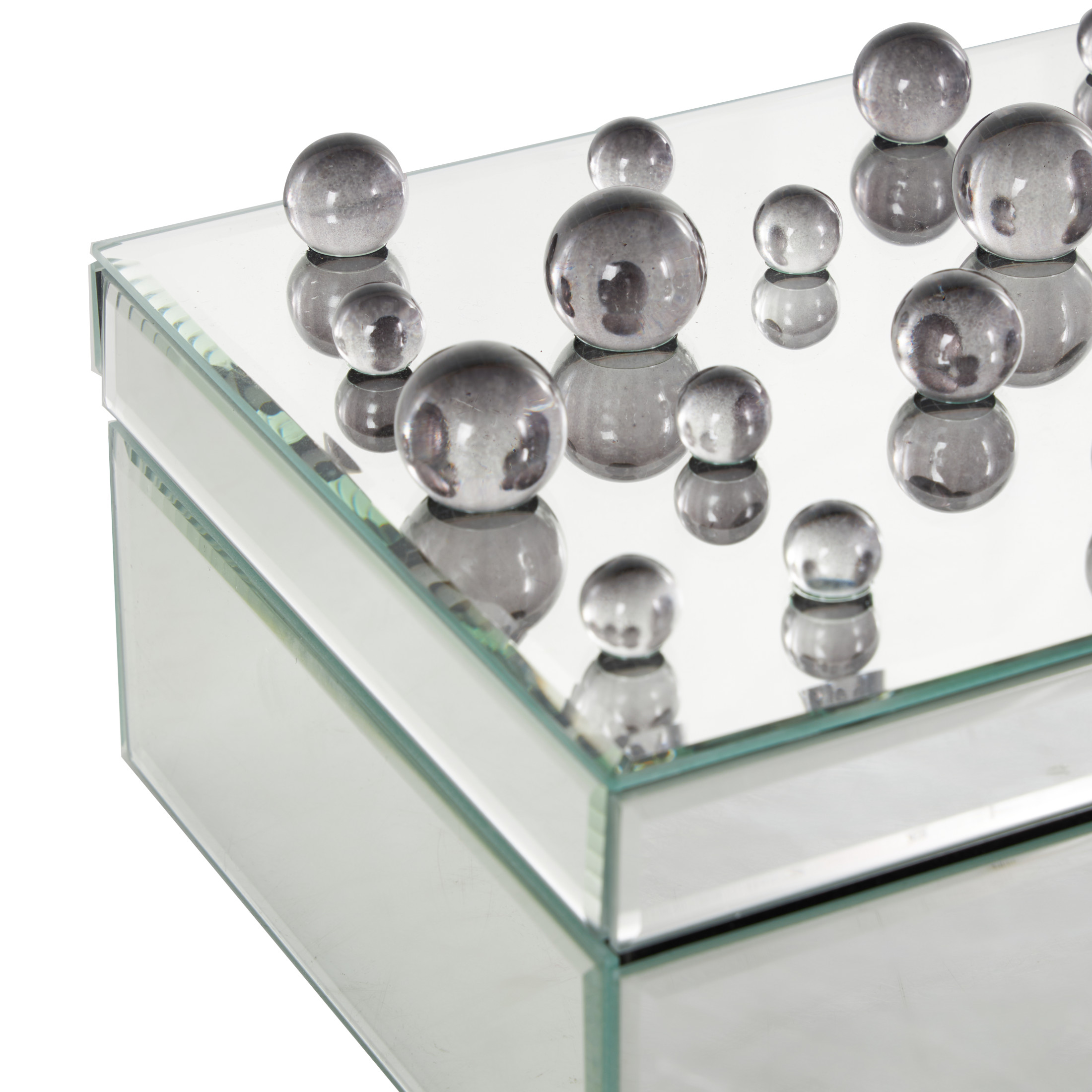 DecMode Mirrored Silver Glass Decorative Jewelry Box with Black Bubble Textured Balls