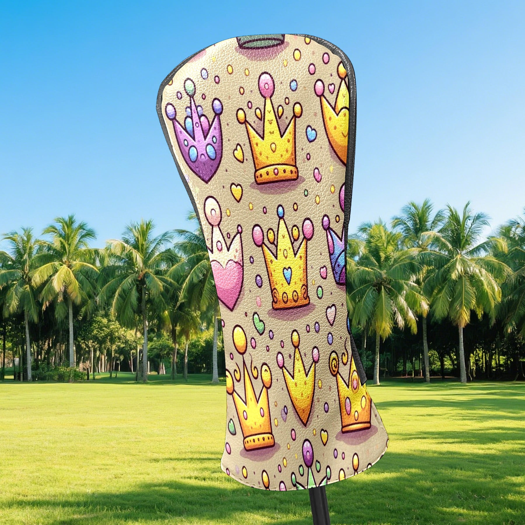 Golf Club Covers, Yellow Purple Crowns Premium PU Leather Driver Hybrid Putter Head Covers with Velvet Lining, Waterproof Golf Gifts for Men Women