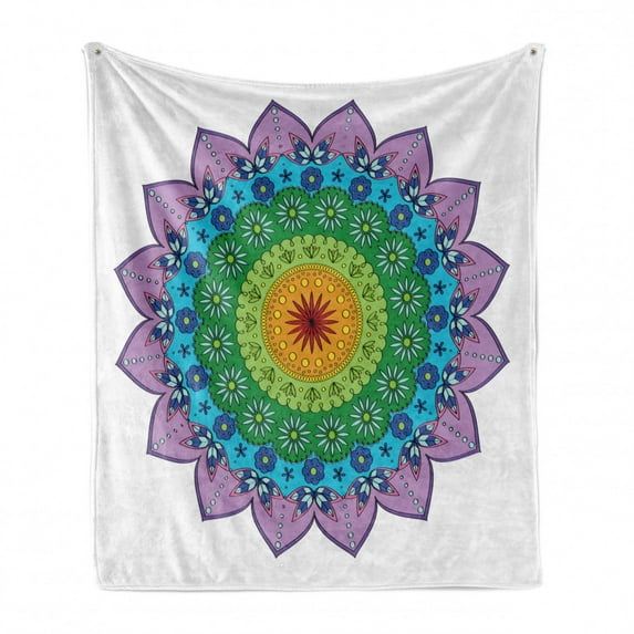 Rainbow Mandala Soft Flannel Fleece Blanket, Ornate Round Eastern Motif with Daisies and Foliage Leaves Oriental Culture, Cozy Plush for Indoor and Outdoor Use, 50" x 60", Multicolor, by Ambesonne