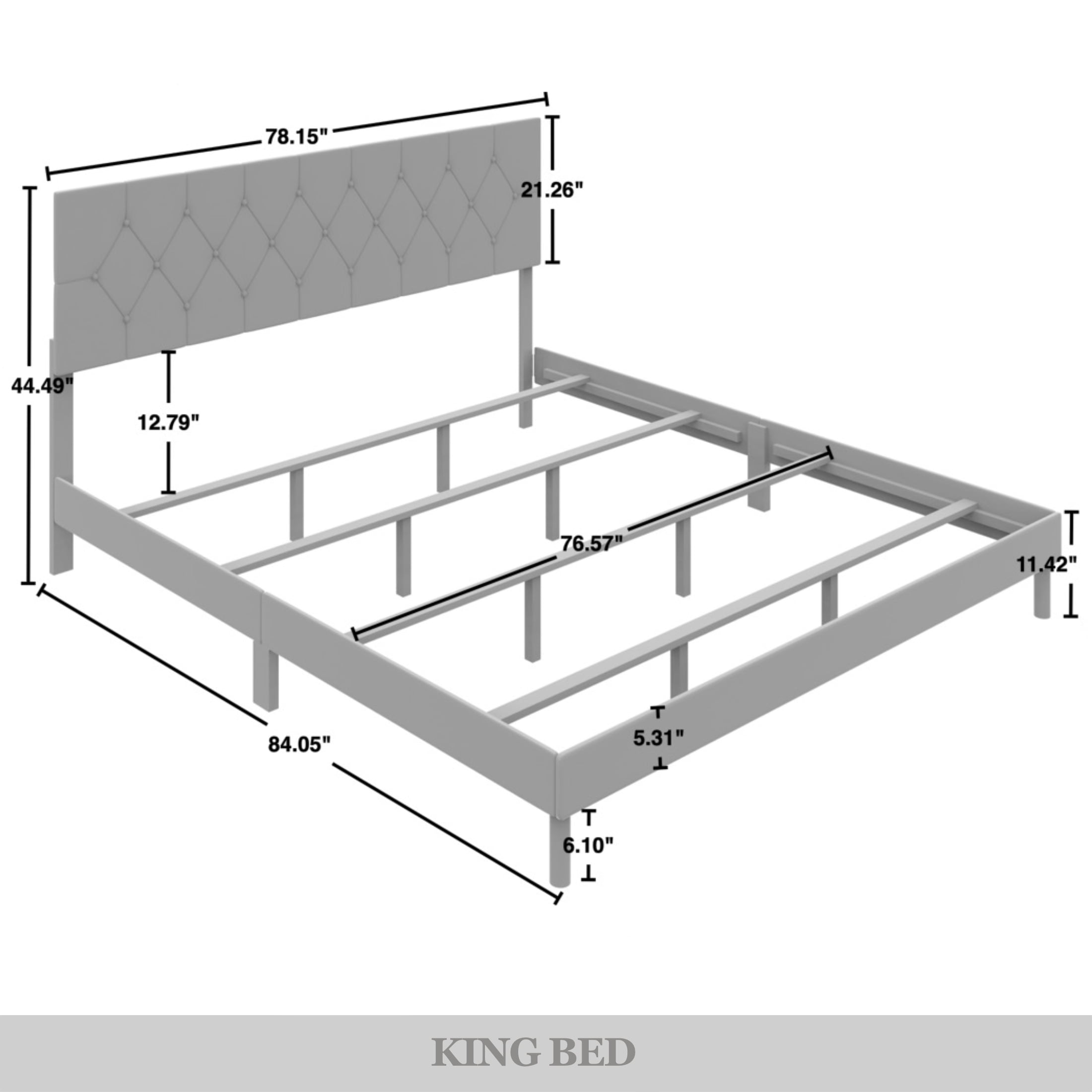Castle Place Modern Diamond Tufted Velvet Upholstered King Bed, Light Grey