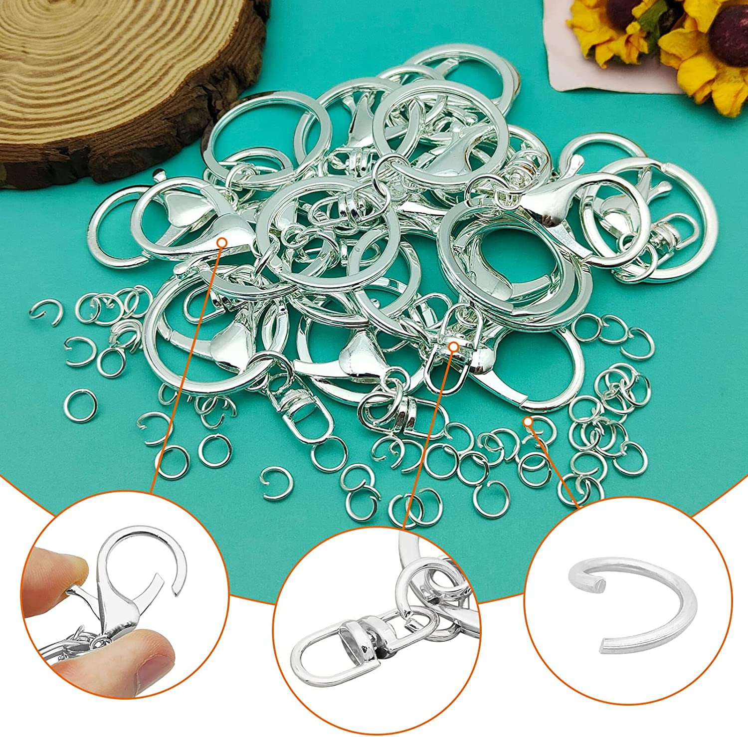 30Pcs Lobster Claw Clasps Keychain for Jewelry Making,Metal Lobster Clasp  Swivel Trigger Clips with Swivel Clasps Hook Clips Flat Split Keychain Ring  100Pcs Open Jump Ring for DIY Craft(Silver) 