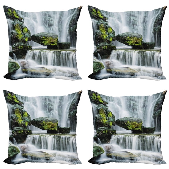 Ambesonne Landscape Throw Pillow Cover 4 Pack, Waterfall with Rocks, 18", Green Black and White