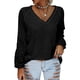 thumbnail image 2 of Mujer Top Cuello En V Linterna Manga Larga Encaje Moda Transpirable Casual Fit Blusa Negro XXL, 2 of 5