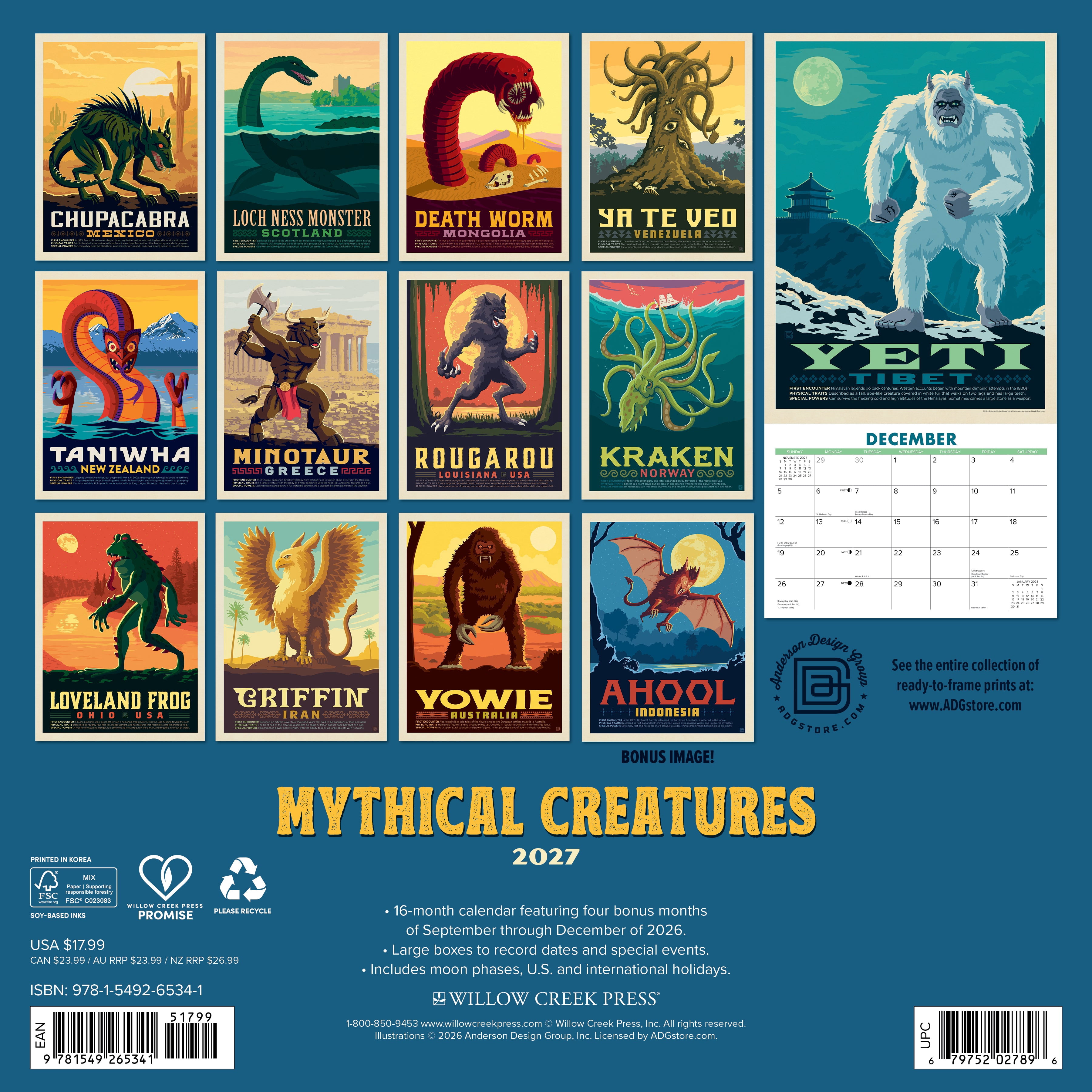 Willow Creek Press, Mythical Creatures 2027 Wall Calendar