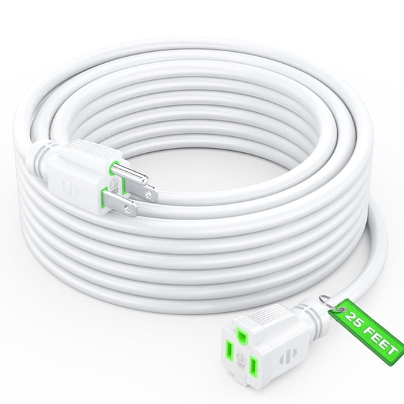 Maximm Extension Cord 8 Ft – White with Green Indicators Indoor & Outdoor Power Cords, 16 AWG SJTW, Heavy Duty, ETL Listed, Grounded 3-Prong – Extension Cable for Home, Office & Garage