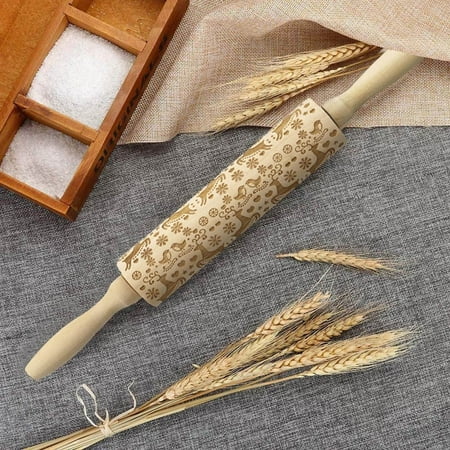

Christmas Rolling Pin Engraved Carved Wood Embossed Rolling Pin Kitchen Tool