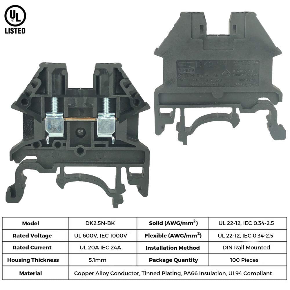 Dinkle UL Every Color DIN Rail Terminal Block Kit 20 DK2.5N 12 AWG Gauge 20A 600V Ground DK4N-PE Jumper DSS2.5N-10P End Covers End Brackets