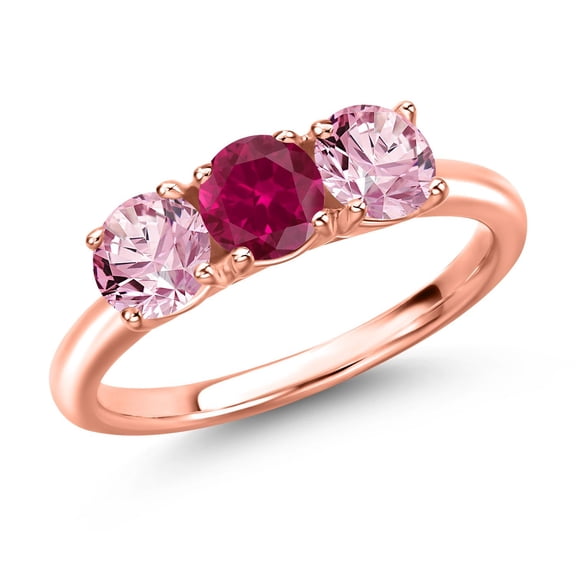Gem Stone King 18K Rose Gold Plated Silver Red Created Ruby and Pink Lab Grown Diamond Engagement Ring for Women | 1.60 Cttw | Round 5MM | Gemstone July Birthstone | Size 6