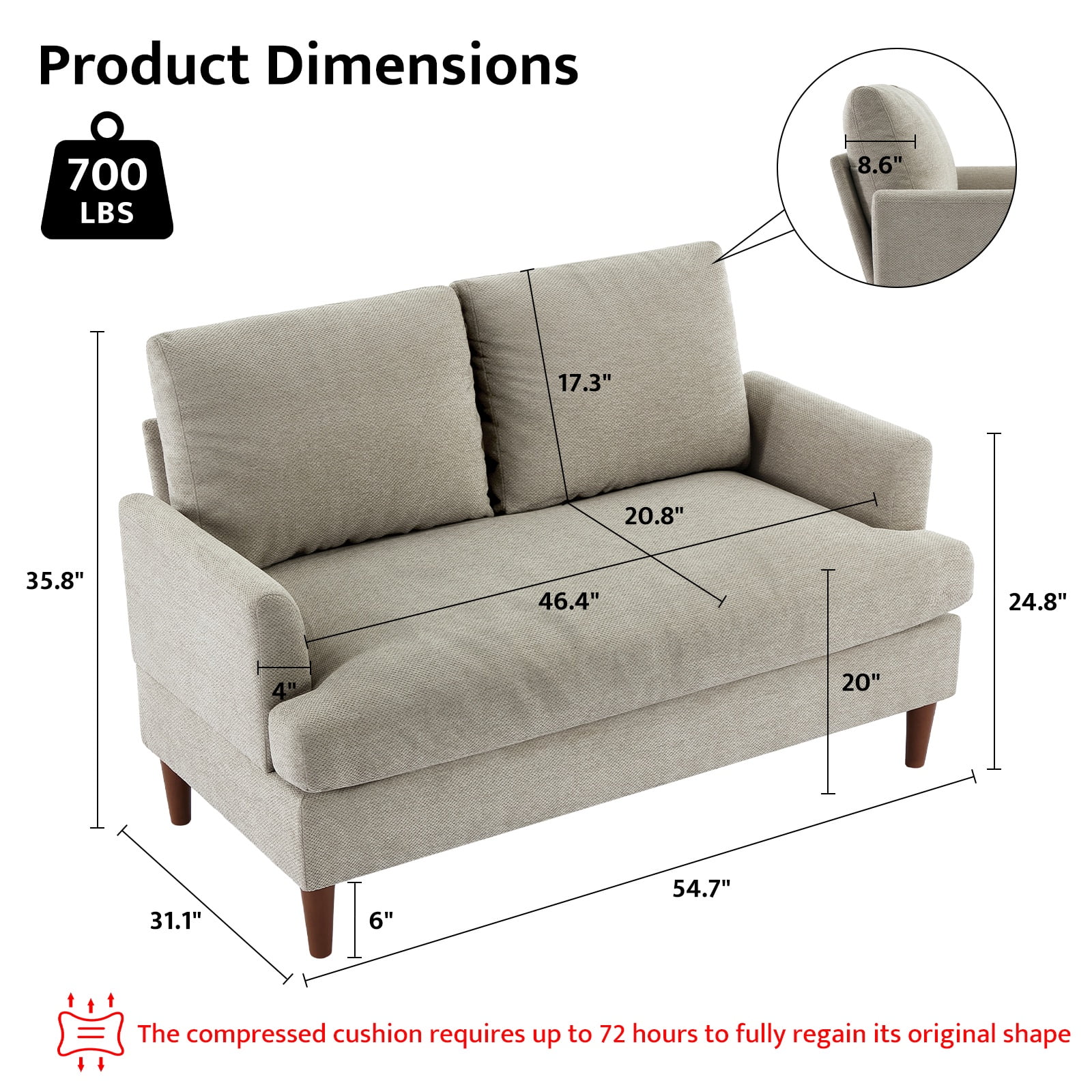 JURANYAZHU 54.7" Wide Chenille LoveSeat Comfortable Soft-Cushioned for Living Rooms and Small Spaces,Light Brown