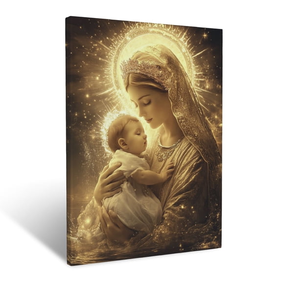 CozyNet Virgin Mary With Halo Serene Image Holding Baby Jesus, Radiating Love & Divine Grace Wall Art Prints With Frame Canvas Perfect for Living Room & Bedroom, Ready to Hang, Wall Decor 12"x16"