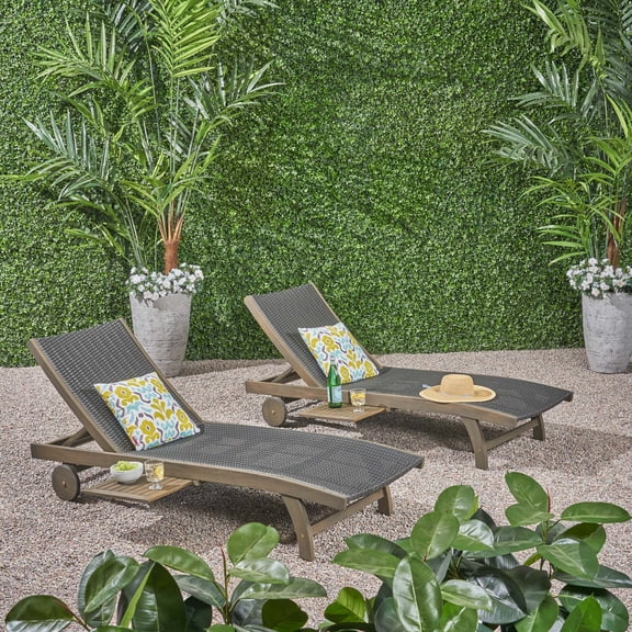 Outdoor Double Seat Chaise Lounge Set of 2 with Side Tray, Leisure Recliner Chairs for Patio Garden, Gray