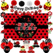 Vlipoeasn Ladybug Birthday Decorations for Girls, Red Black Ladybug Birthday Backdrop Banner, Balloons, Cake Topper, Cute Honeycomb, Hanging Swirl Flag, Ladybug Birthday Party Supplies Decor ALT1