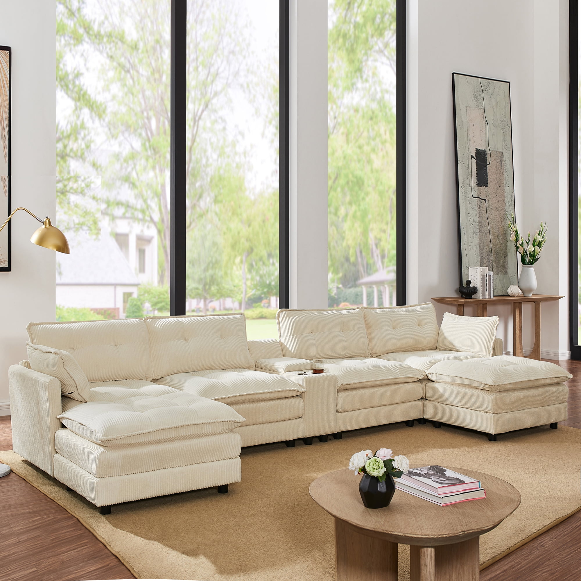 BSHTI 154" 6-Seat Corduroy U-Shaped Sectional Sofa with Multifunctional Console, USB Charging Ports, Cup Holder, Storage for Living Room (Beige)