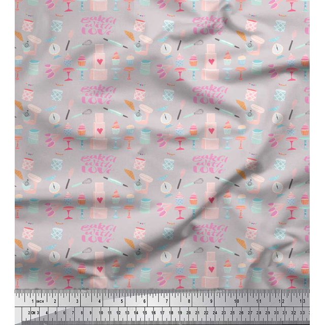 Soimoi Gray Rayon Fabric Cupcake Party Printed Fabric 1 Yard 42 Inch Wide