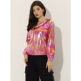 thumbnail image 2 of Disfraz de navidad para mujer, brillante, holográfico, de manga larga, con cremallera, chaqueta metálica con capucha Rosa Claro M, 2 of 5