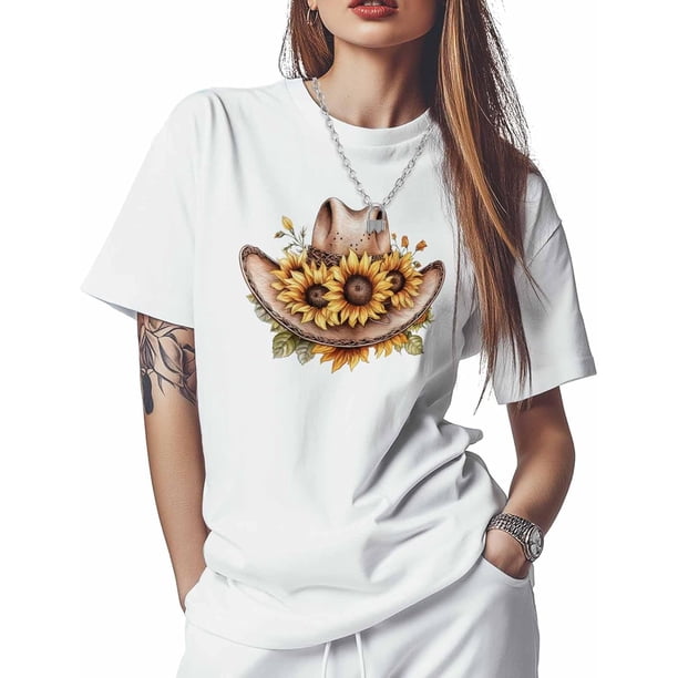 Womens Tops Cowboy Hat Sunflower Cotton Short Sleeve Round Neck T-Shirt Trendy Comfortable, Vintage Floral