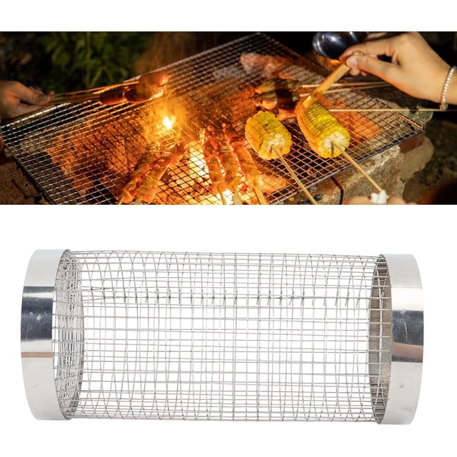 1 PCS Cesta de parrilla cilíndrica de 30 cm en malla de alambre de acero inoxidable de 30 cm