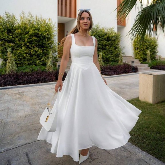 White Womens Sleeveless Square Neck A-Line Flowy Maxi Dress With Pockets And Back Tie Detail