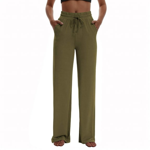 MIXUE Linen Pants Women Solid Color Wide Leg Drawstring Baggy Sweatpants High Waisted With Pockets Loose Yoga Trousers Womens Pants Outwear,Green,XXL