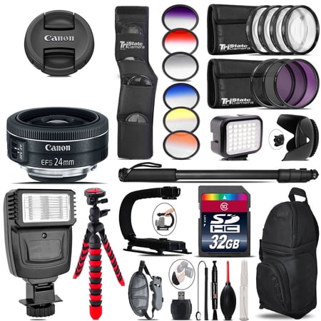 Canon EF-S 24mm f/2.8 STM Lens + Color Set + LED Light - 32GB Accessory Bundle