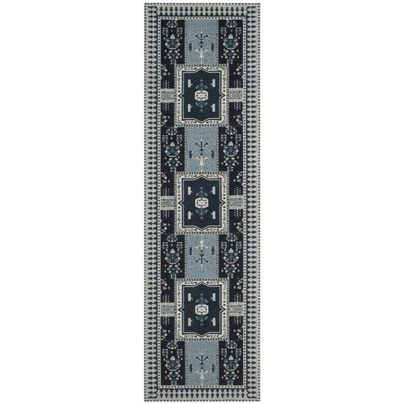 SAFAVIEH Classic Vintage Seanna Geometric Bordered Cotton Runner Rug, Navy/Light Blue, 2'3" x 8'