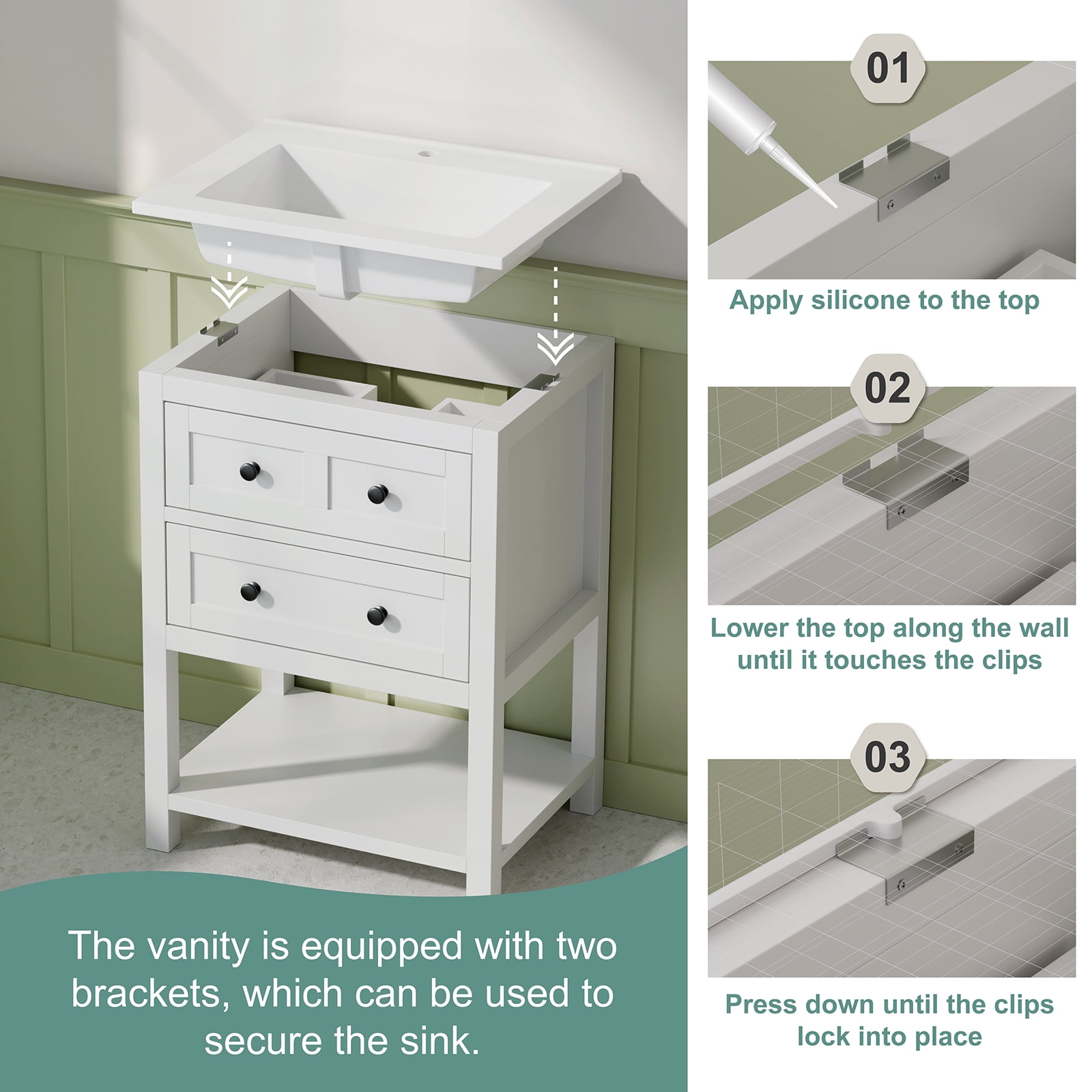 DELUXE LIVING 24" Bathroom Vanities with Sink Top, Adjustable Feet & Soft Closing Drawers, White