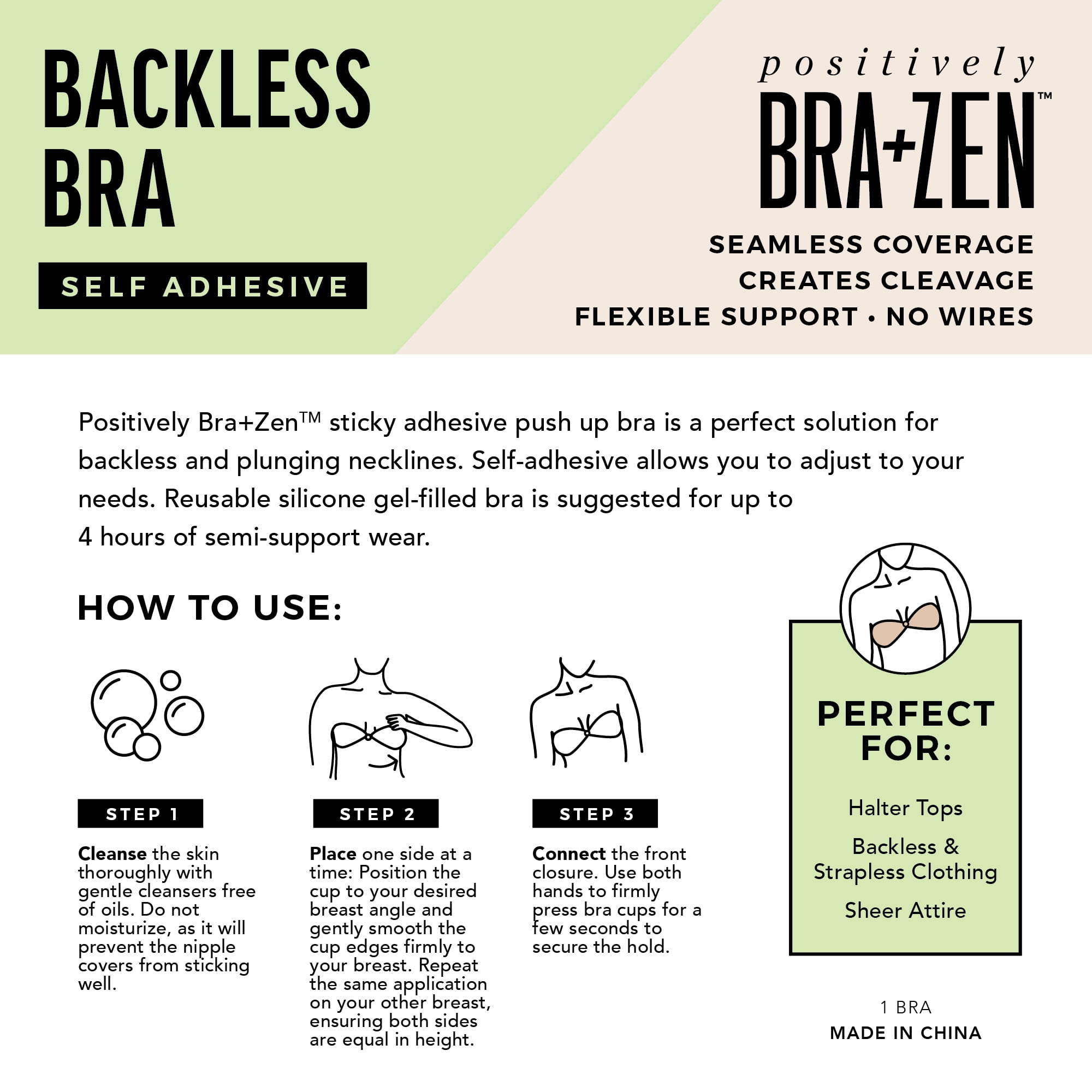 Positively BRA+ZEN Women’s Reusable Adhesive Adjustable Backless Strapless Pushup Bra, Cup Sizes A-D