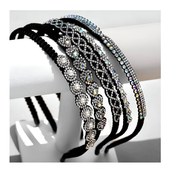 VANIDO 5 Pcs Beaded Headband for Women, Fashion Bling Rhinestone Hair Band Crystal Beaded Headband for Women, Girls Sparkly Beaded Hair s Clear Black Weave Narrow Hair Bands Hair Accessories