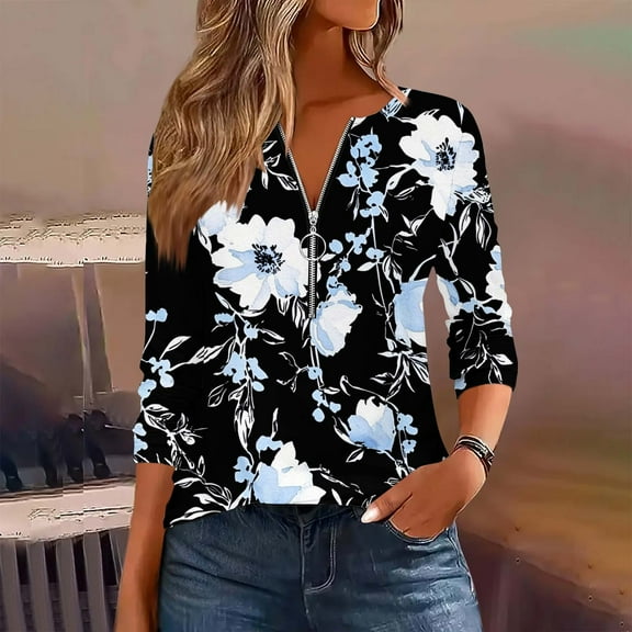 PiGOGI Women's Printed Long Sleeve T-Shirt Round Neck Blouse Zipper Top Casual Loose Fit Comfortable Fashion Tee Navy XL
