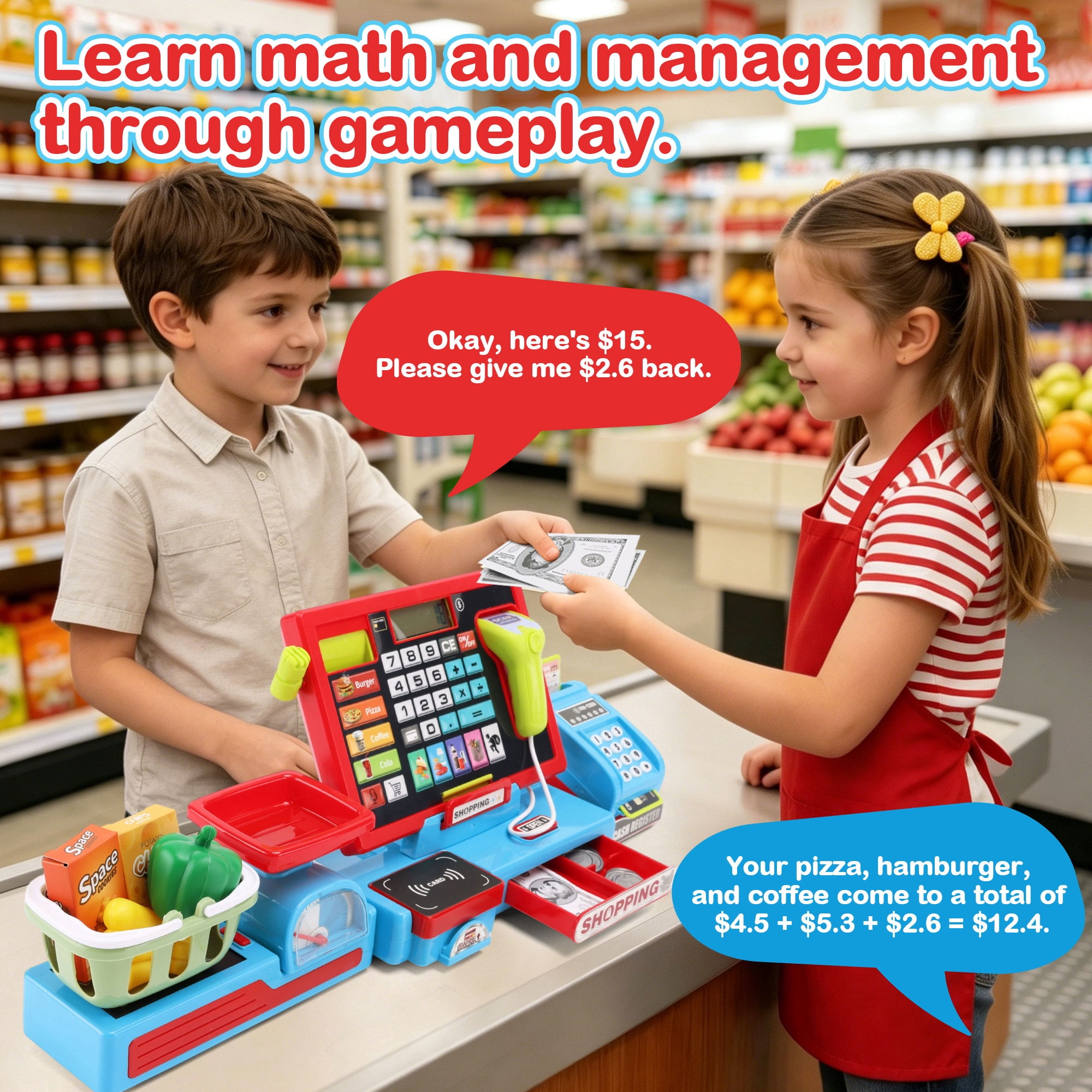 Cash Register Toy for Kids, Pretend Learning Play Set with Sound Music /Scanner /Microphone /Credit Card /Play Money