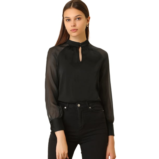 Blusa de satén transparente Allegra K con cuello de ojo de cerradura de manga larga para mujer Negro S