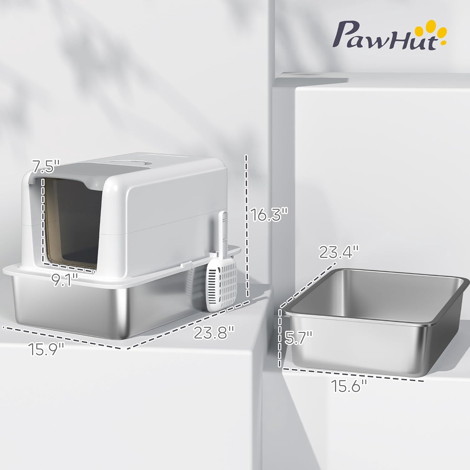 Stainless Steel Cat Litter Box, Extra Large 2 in 1 Metal Kitty Litter Pan with High Enclosure, Removable Lid & Scoop, Filter Bags, Easy to Clean, for Small to Large Kittens, White