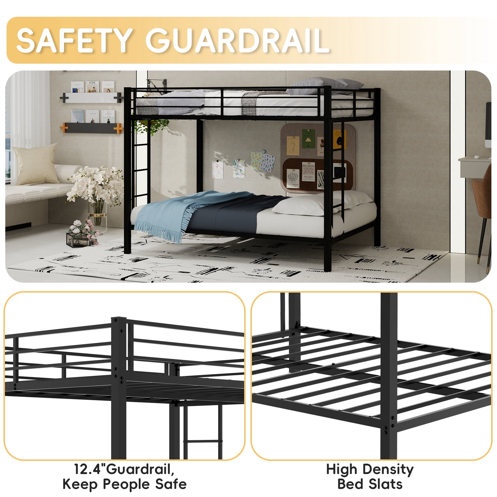 Leumius Full over Full Metal Bunk Bed Frame with Safety Rails & Ladders, Heavy-Duty Quiet Design for Teens and Adults,Black