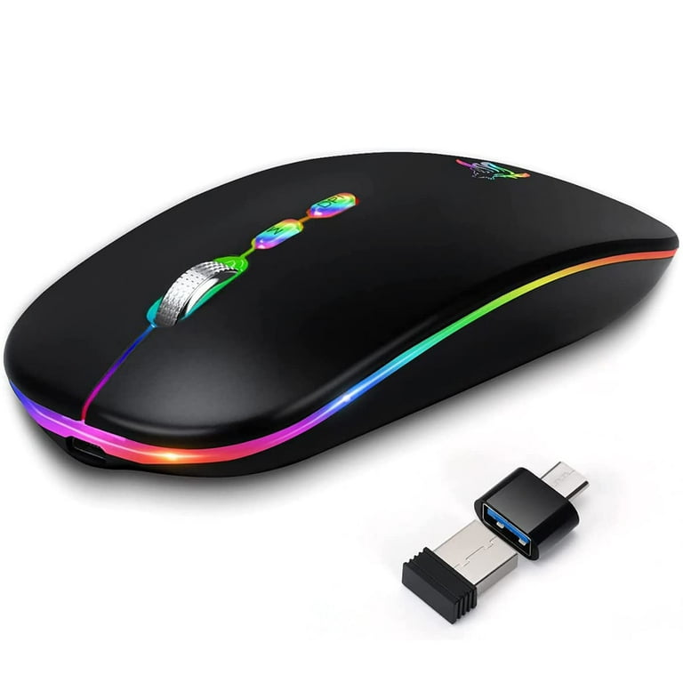 LED Wireless Mouse, Slim Rechargeable Silent Bluetooth Mouse, Portable USB  Optical 2.4G Wireless Bluetooth Two Mode Computer Mice with USB Receiver  and Type C Adapter (Black) 