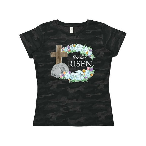 Inktastic Easter He Has Risen with Cross and Flowers Women's T-Shirt