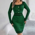 thumbnail image 2 of Ediodpoh Women Autumn Winter Knitted Block Striped Long Sleeve Midi Dress Sweater Dress with Square Neck Buttons Green XL, 2 of 6
