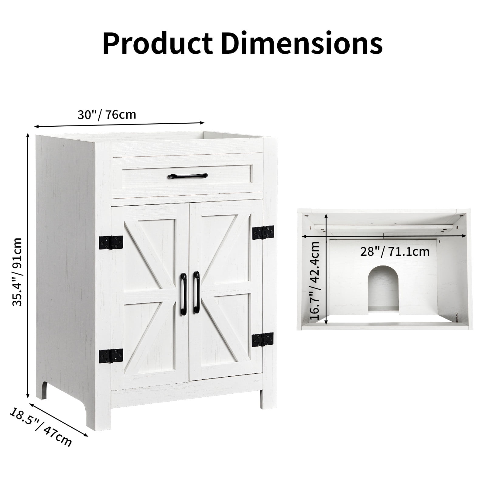 Washbasin Cabinet, Barn Double Door With U-Shaped Internal Shelves, Washed White Particleboard With Melamine Veneer, 76*47*91cm (30 Inches)