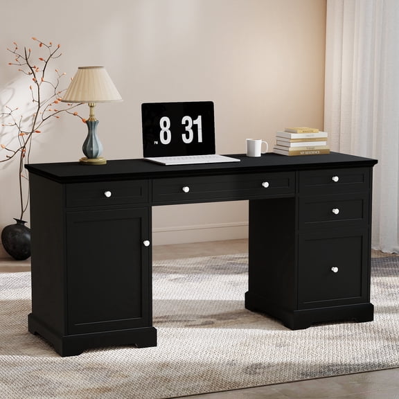 Modern Office Desk with 5 Drawers and Storage Cabinet, Computer Desk with File Drawer, Wood Workstation Table for Home Office Study Bedroom