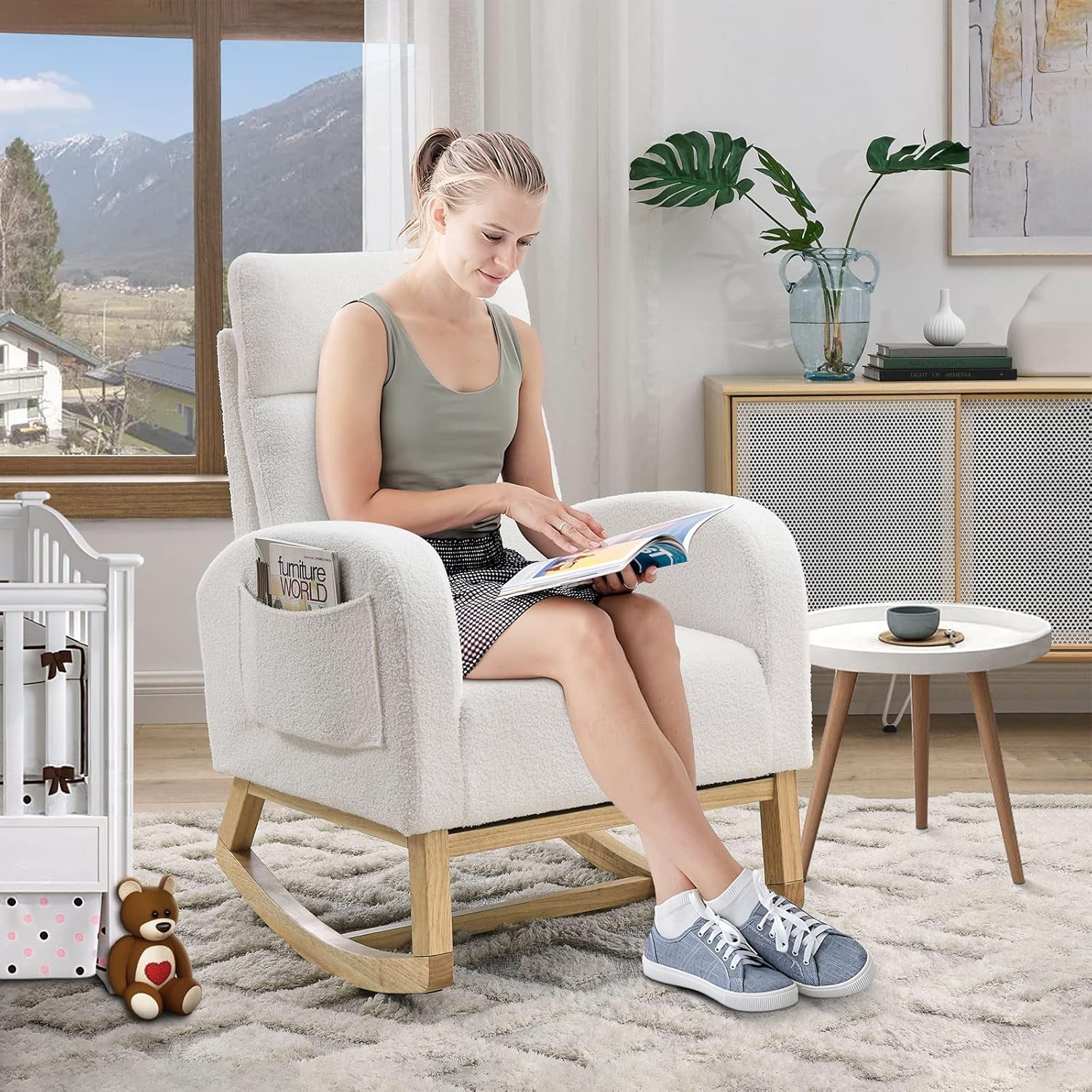 Nursery Rocking Glider Chair, Modern Fabric Tall Back Accent Rocker Chair Upholstered Arm Chair w/Side Pockets, Modern Leisure Single Sofa for Living Room, Hotel, Bedroom, Office, Grey