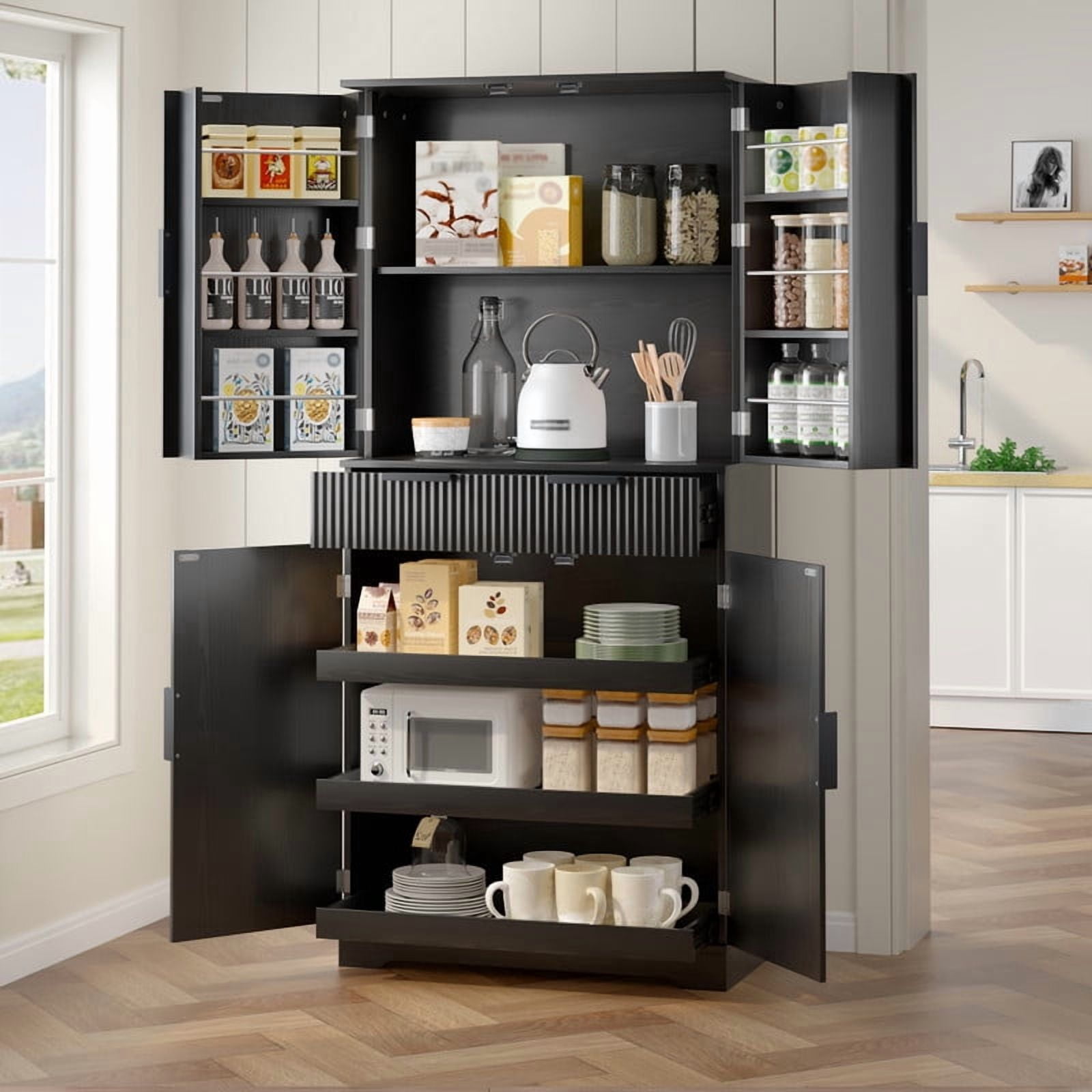 72'' Tall Fluted Kitchen Pantry Hutch with Rack & Drawer, Multi-Functional Storage Cabinet, Freestanding Cupboard Organizer