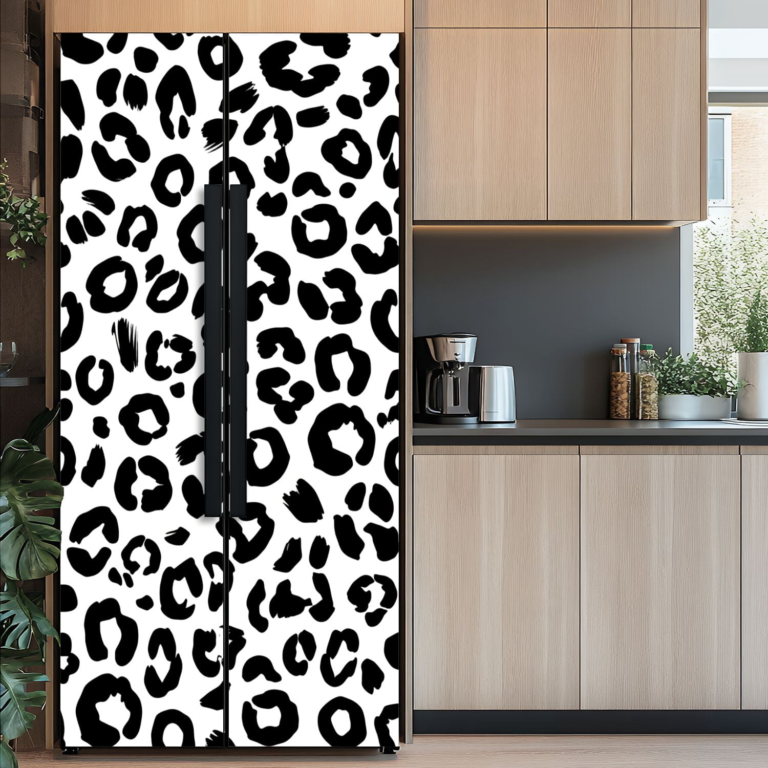 Self Adhesive Vinyl Refrigerator Wrap Set Abstract Black White Leopard Print Bold Spots Door Mural Removable Fridge Sticker Peel and Stick&nbsp;Full Door Cover Decal Kitchen Bar Decor