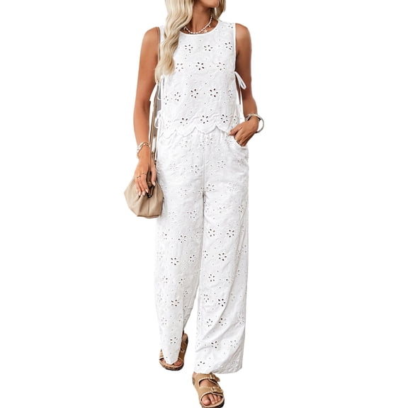 Two Piece Outfits for Women Hollow Out Off Shoulder Corset Tops and Pants Set Dressy White XXL